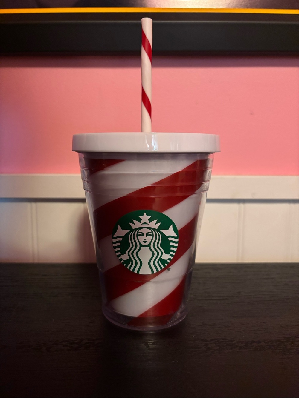 Starbucks Red & White Swirl Cold Cup with Green Logo